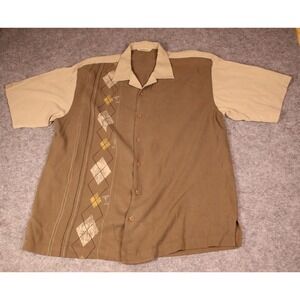 Tommy Bahama Men's Large Silk Camp Shirt Brown Tan Argyle Martini Glass Size L